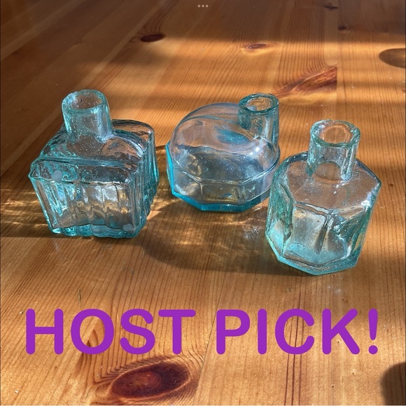Antique Other - ANTIQUE TEAL GLASS INK BOTTLES VICTORIAN ICE BLUE LOT OF 3 VINTAGE SCARCE!